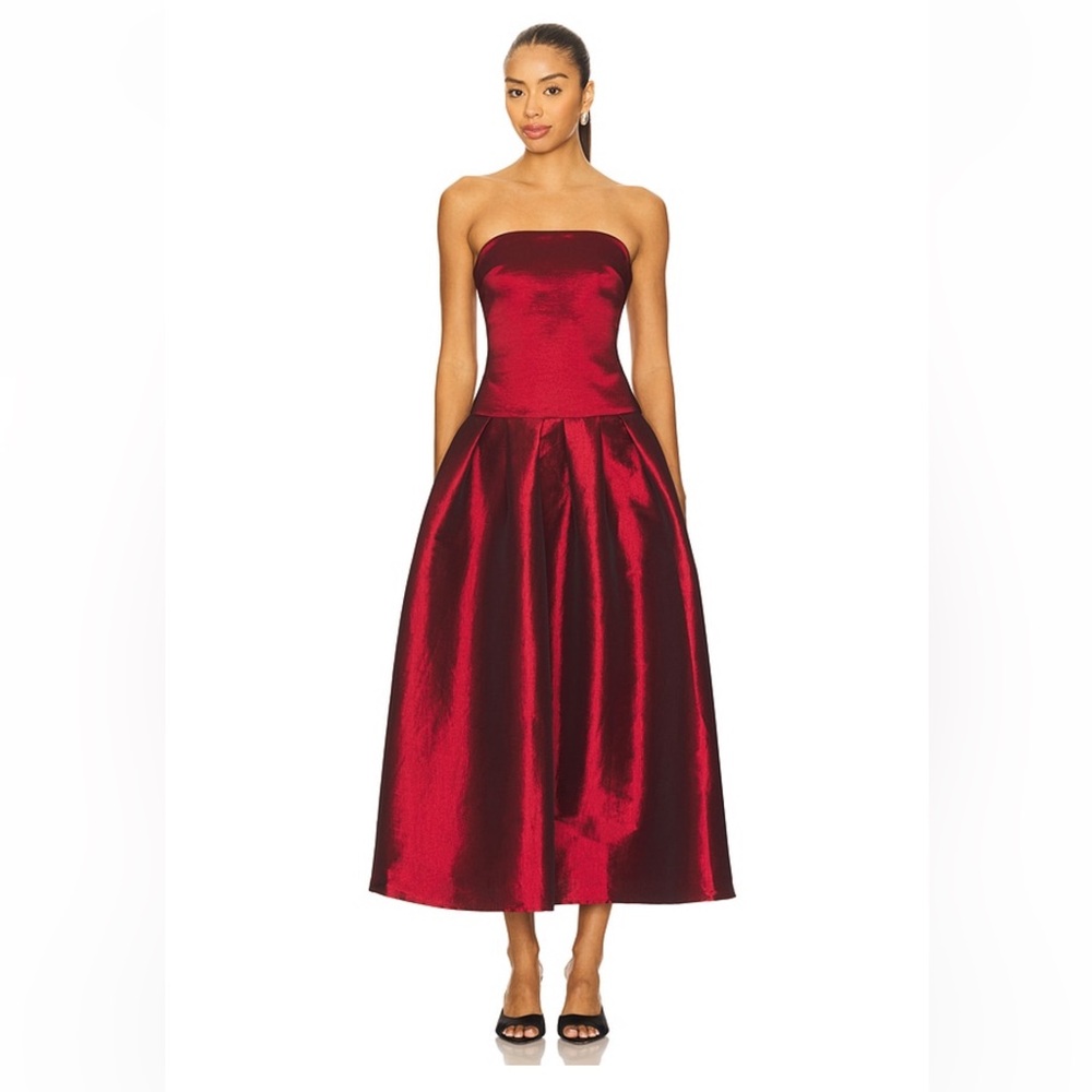 Cambria Strapless Dress in Dark Red Revolve “More To Come” brand